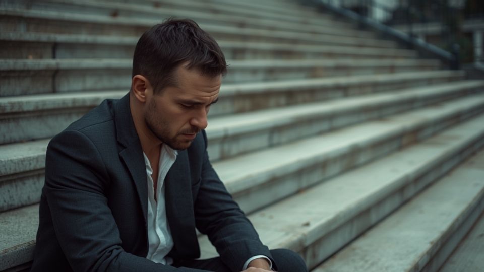 Klonopin Withdrawal Symptoms hero image of a man siting on stairs.